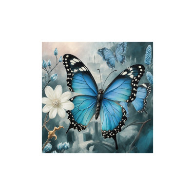 Blue Butterflies & White Flower, Built-In Wooden Frame, 16 X 16