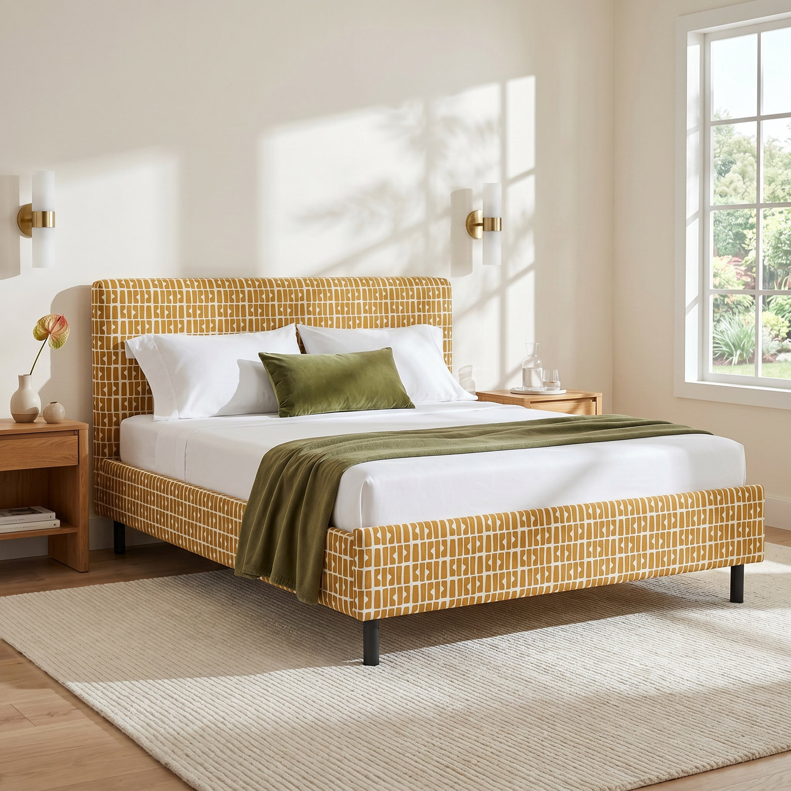 Avila Cotton Upholstered Bed, Full, Bloc Panel Mustard