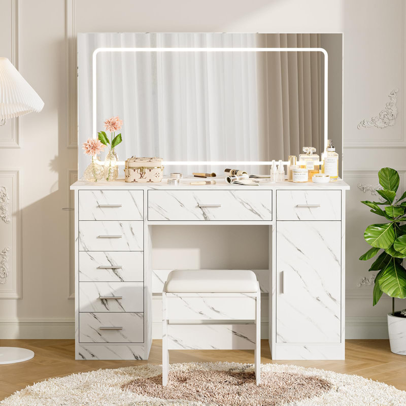 Patikuin LED Vanity Desk with Lighted Mirror, White Makeup Table with 7 Drawers & Hairdryer Holder, Dimmable 3-Color Lights & Power Outlets, Stable Dressing Table with Stool for Bedroom, Marble White