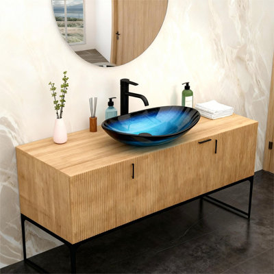 Blue Tempered Glass Bathroom Vessel Sink, Boat Shape Pop - Up Drain, Above Counter For Modern Upgrade Art Basin: Sink With Glass, Counter, Versatile Addition