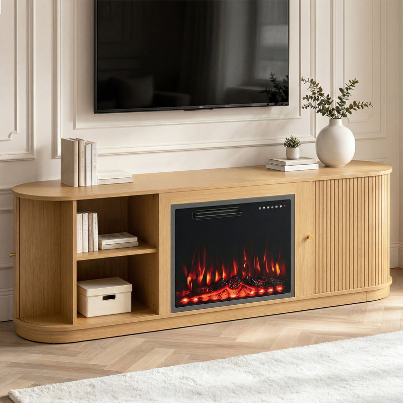 Mid-Century Modern Tv Stand With Fireplace, Oak
