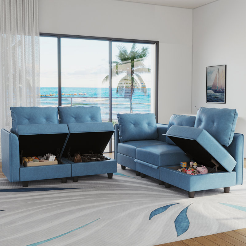 Canapé rembourré avec rangement Zendajas, Mélange de polyester bleu ciel
