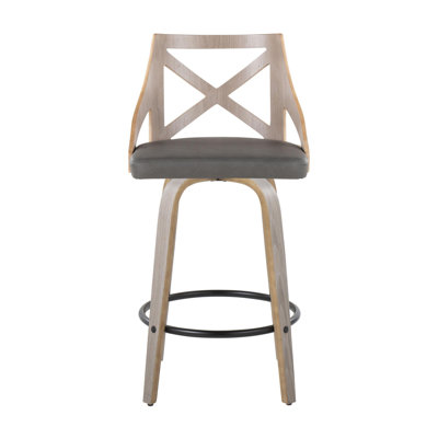 Tabouret de comptoir à hauteur fixe avec pivot en bois gris clair et similicuir gris avec repose-pieds rond en métal noir - ensemble de 2
