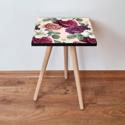 Table d'appoint moderne avec pieds en bois de hêtre, 13,8 x 16,5 x 13,8 pouces | Fabrication 100% bois aggloméré, épaisseur: 0,7 po | Design floral élégant, parfait pour le salon et la chambre à coucher, durable et élégant