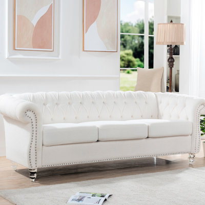 86.95" White Rolled Arm 3 . Follows Us Tb117. Staggered Deep Pull Buckles For Balanced Stress. Paint-Sealed Birch Legs Stain Resistance. Solid Internal Frame With Pine & Plywood. Foam And Pocket
