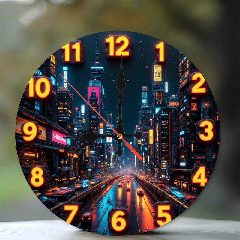 Cyberpunk horloge de ville lumières néon paysage urbain futuriste