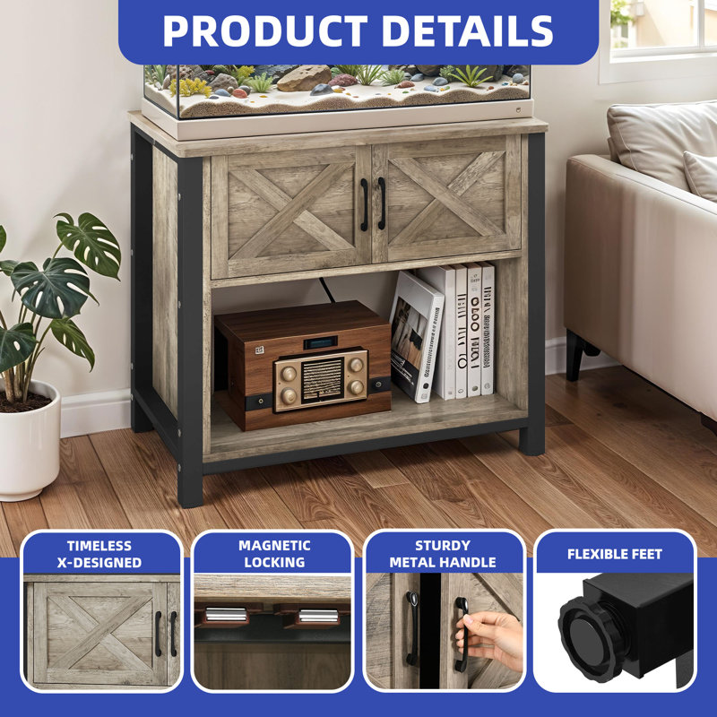 3-in-1 Space-Saving Aquarium Stand with Built-In Storage and Power Outlets, Grey/Black