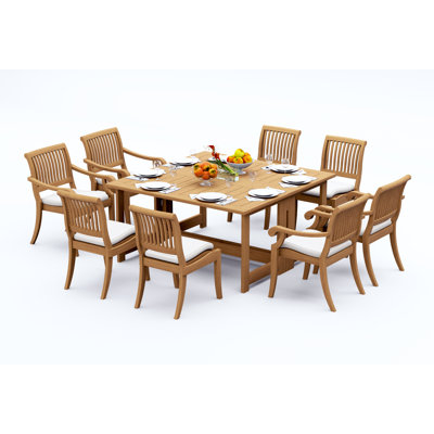 8 Seats 9 Pcs Grade-A Teak Wood Dining Set: 60" Square Rectangle Butterfly Table And 8 Arbor Stacking Chairs (4 Arm & 4 Armless Chairs) #11AB1404