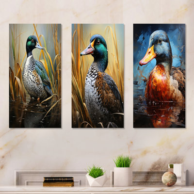 Dappled Drake Duck At The Pond I - Duck Canvas Wall Art Set Of 4