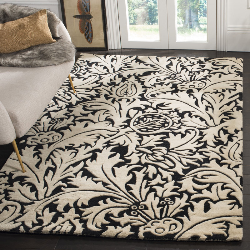Candelo Soho Hand Tufted Wool/Cotton/Latex Floral Rug in Black/Beige, Square 6'
