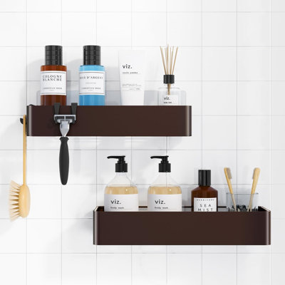 Grande boîte de rangement pour panier de douche - paquet de 2 tablettes adhésives en acier inoxydable antirouille, rangement de salle de bain sans perçage avec prise solide et drainage rapide