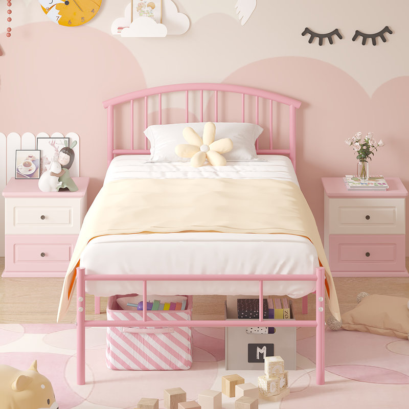 Structure de lit simple avec lit plateforme et tête de lit en métal, sommier sans sommier, Simple, Rose