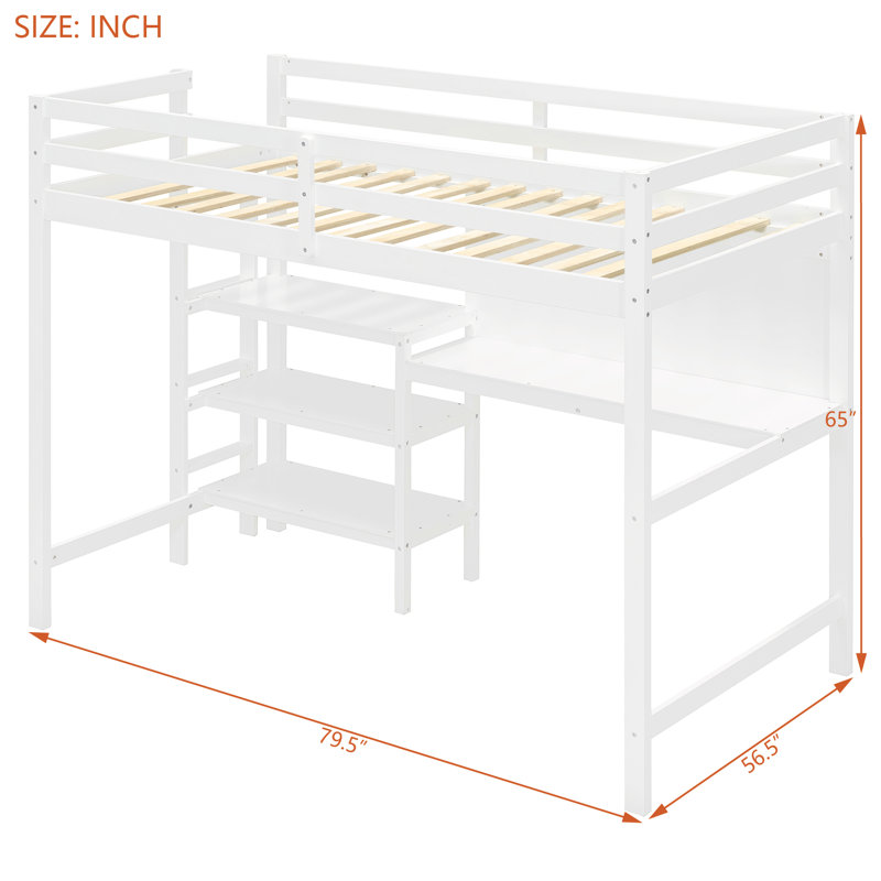 Twin Size Wooden Loft Bed with Desk, Shelves & Writing Board, White – Space-Saving Kids & Teens Bedroom Furniture, White