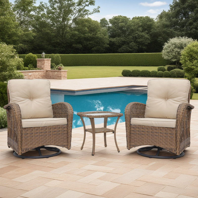 Melendy Wicker 2-Person Outdoor Conversation Set Seating Group with Swivel & Glider Chairs and Glass Top Side Table