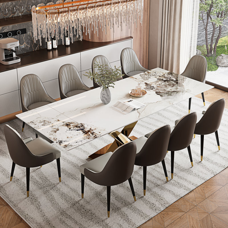 Dining Table Set With 94.5'' Extendable Sintered Stone Top And 8 Faux Leather Chairs, Snowy Mountain White , Gold, Beige