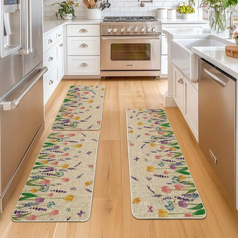 Artoid Mode Lavender Tulip Kitchen Mats – Purple – Set Of 3 Spring Floral Low-Profile Floor Rugs