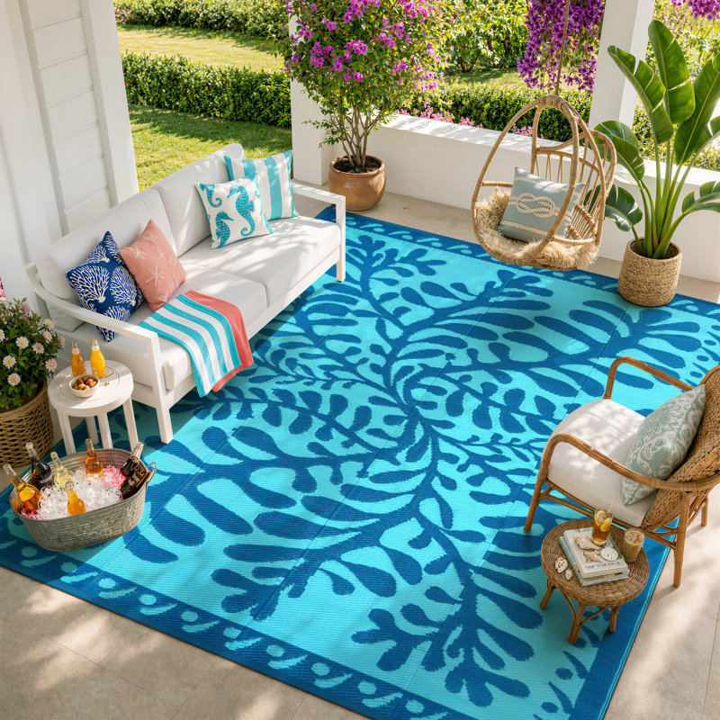 Reversible Waterproof Plastic Straw Outdoor Area Rug for Patio, Camping, Beach,RV & Pool Deck, Blue, Rectangle 8' x 10'