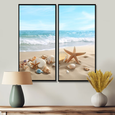 Étoile de mer et coquillages V - plage moderne, grandes impressions sur toile, 2 pièces