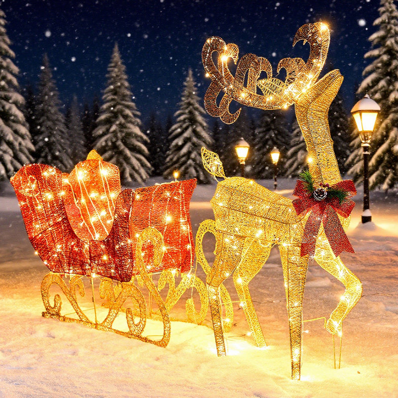 Décoration de Noël renne et traîneau, 200 décorations extérieures de Noël éclairées, décorations de Noël pour cour de jardin, renne doré et traîneau rouge