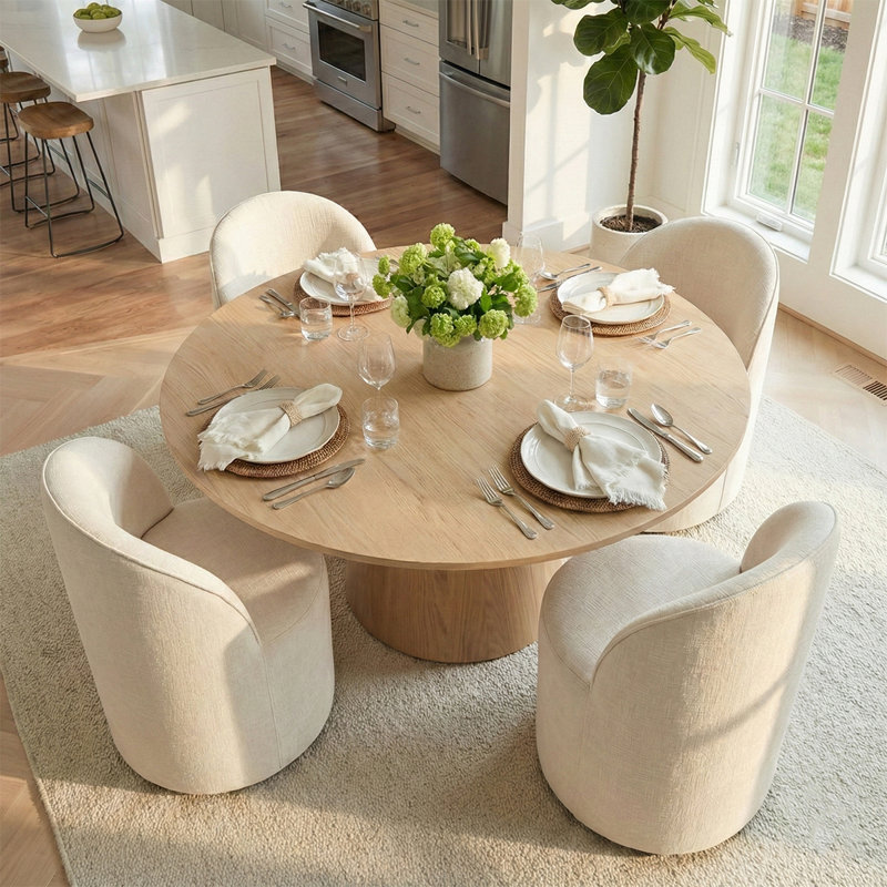 4 - Person Dining Table Sets With 52'' Solid Round Table & 4 Upholstered Chenille Swivel Chairs, Yellow, Beige
