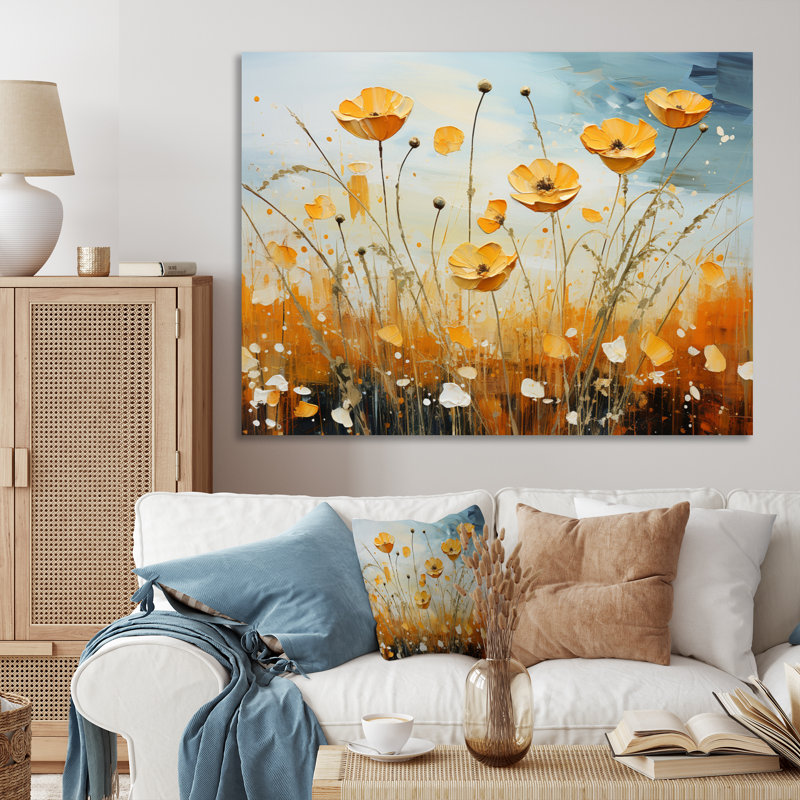 «Maret», jaune, bleu, boutons d'or, pastel, lueur, patchwork I - impression, H 16 po x l 32 po x P 1 po, Toile tendue