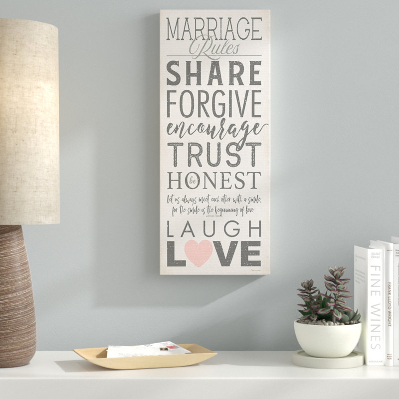 «Mariage Rules Laugh and Love» par Stephanie Workman Marrott - impression d'art textuel, H 24 po x l 10 po x P 1,5 po