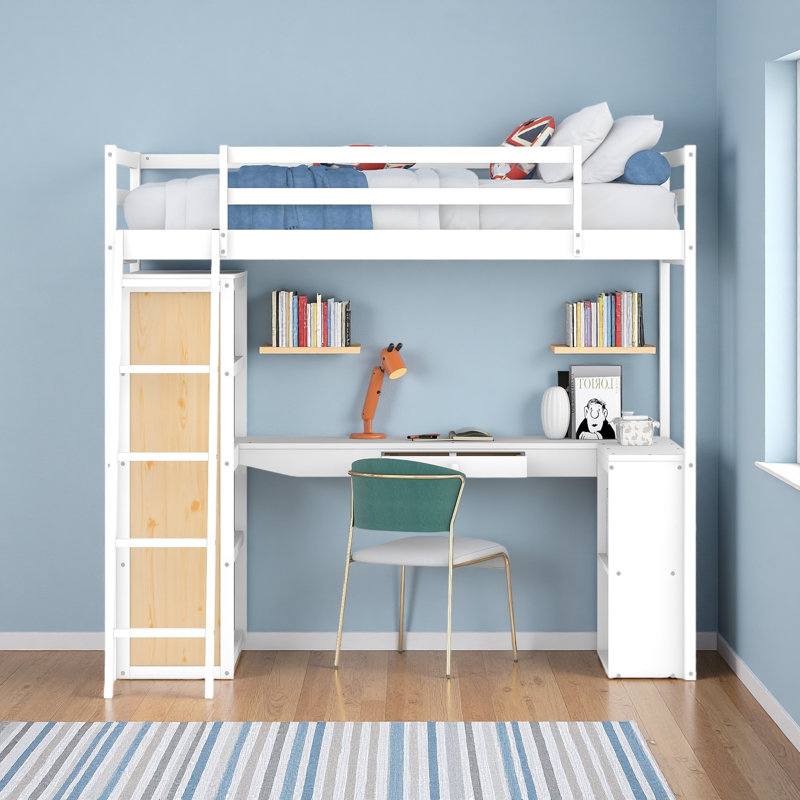 Lit mezzanine avec échelle, tablettes et bureau, Blanc