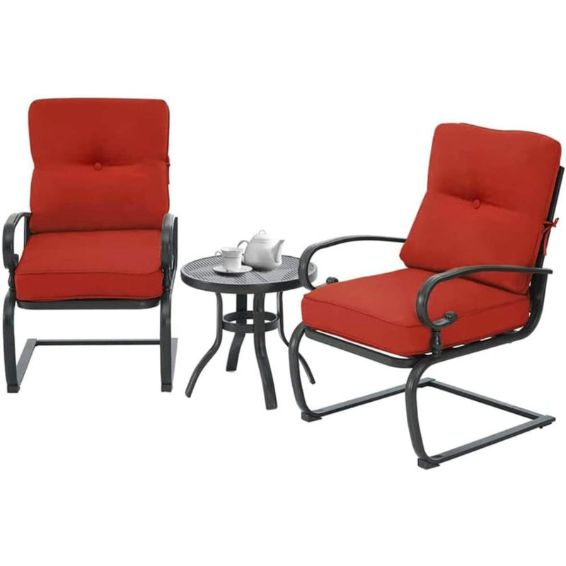 Ensemble de bistro d'extérieur 3 pièces pour patio, chaises à ressorts et table ronde bistro, ensemble de conversation pour petit patio en métal avec coussins