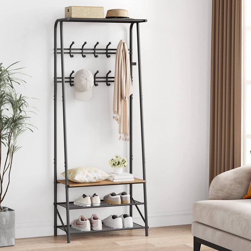 Hall Tree Coat Rack, m Iron & MDF Freestanding Entryway Organizer, 60 * 30 * 170 cm Multifunctional Clothes Storage Rack with Hooks for Living Room