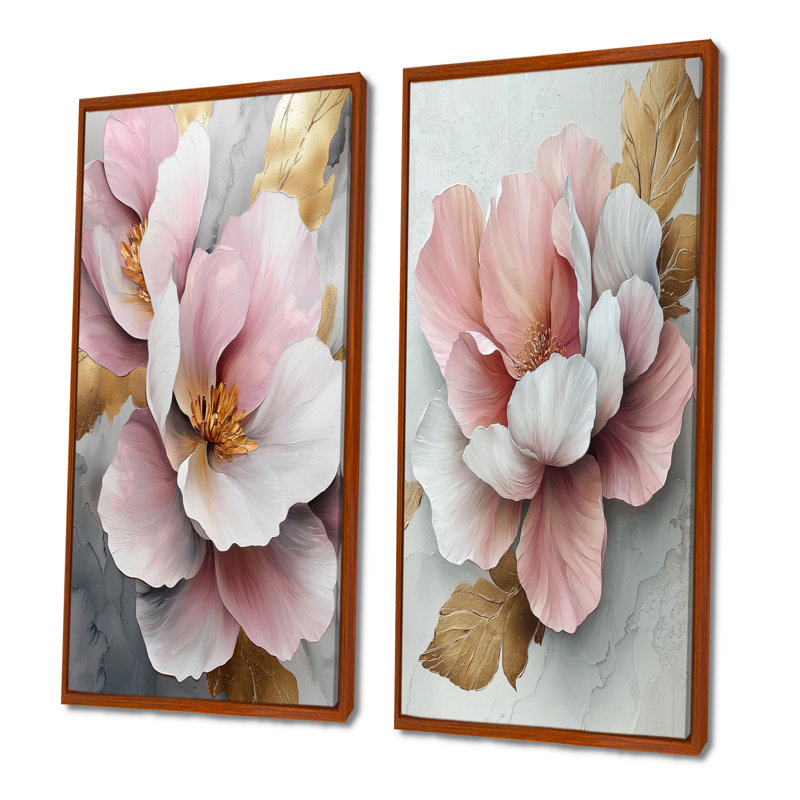 Blanc et rose, pivoines élégantes I - Collection de 2 panneaux muraux floraux, H 28 po x l 25 po, Cadre flottant brun