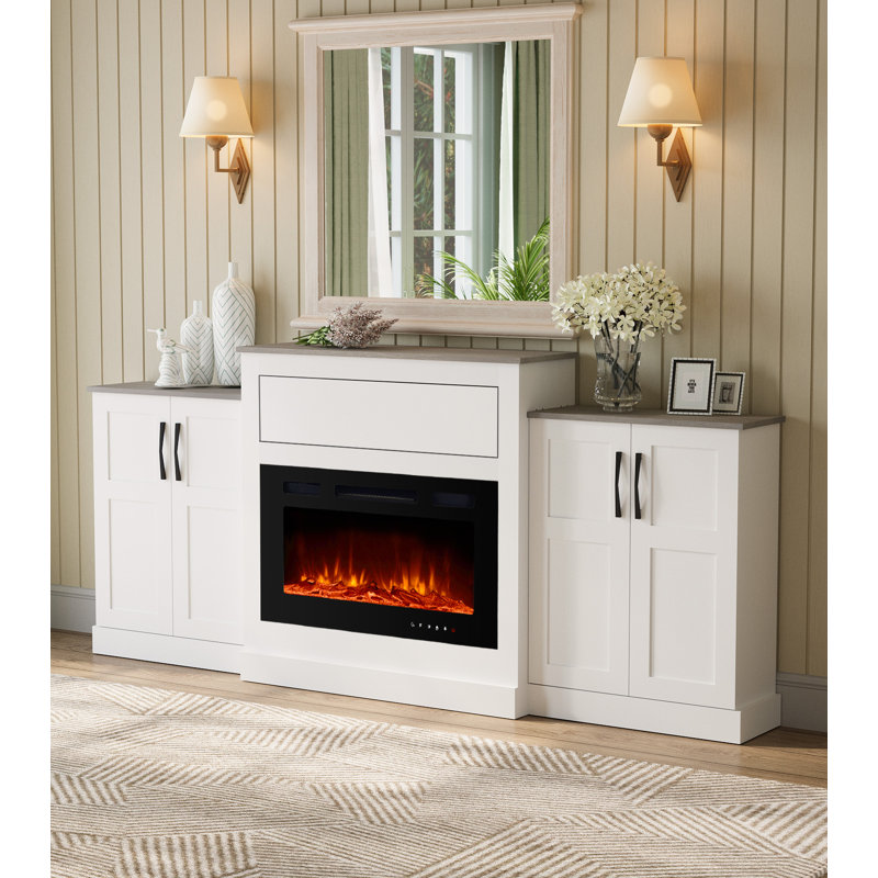 82“W Adjustable Flame Electric Fireplace, Double - Side Closed Cabinets + Press Drawer, Practical & Aesthetic