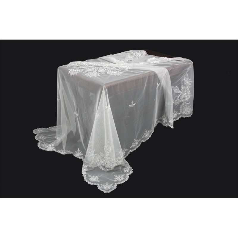 80" x 80" White Lace Embroidered Tablecloth with Beaded Accents