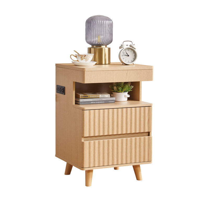 Table de bout sécurisée en chêne avec station de charge, tiroirs de rangement, conception moderne pour la chambre à coucher