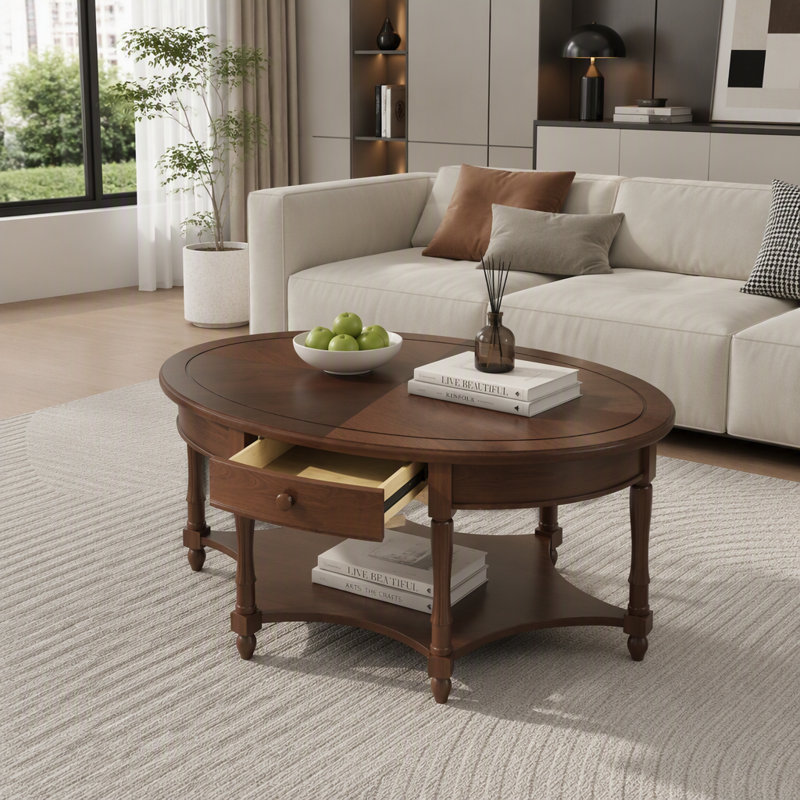 Table basse ovale vintage avec tiroir et tablette de rangement, table de cocktail ancienne de 45 pouces., Dark Walnut