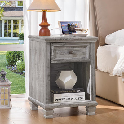 Farmhouse Nightstand with Charging Station, Rustic Wood Nightstand with 1 Drawer, Bedside Table with Open Shelf for Bed Room, End Table for Living Room (Grey)