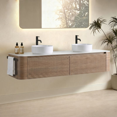Meuble-lavabo 72 po avec lavabo, armoire murale en chêne miel avec porte-serviettes gratuit, conception de lavabos doubles en céramique blanche, sans drain et robinet, pré-assemblé
