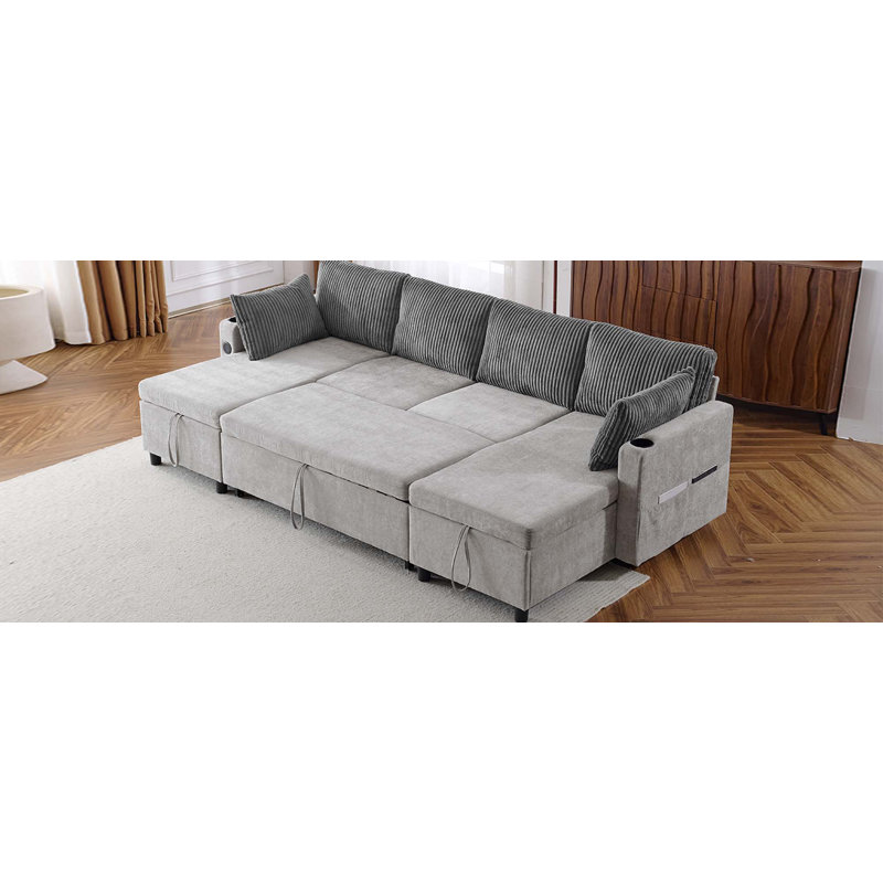 111.8" Sectional Sofa Pull-out Sofa Bed Versatile Sofa Sleeper with Large Storage Space,Two USB Ports and Two Cup Holders for Living Room