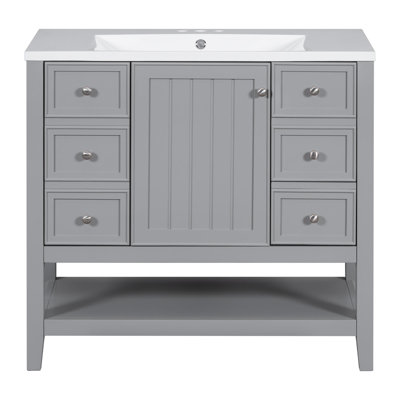 Meuble-lavabo 36 po avec lavabo, une armoire et trois tiroirs, panneau de bois massif et panneau de fibres à densité moyenne