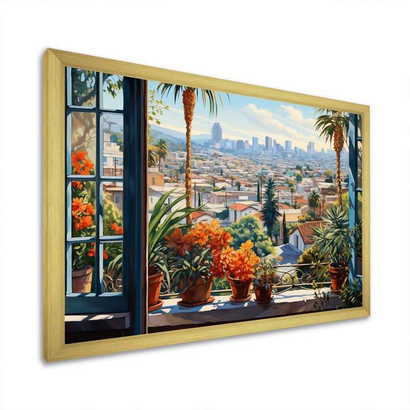 Los Angeles Window View 5 - Los Angeles, art mural, Cadre d'angle fermé doré, H 30 po x l 40 po x P 1,5 po