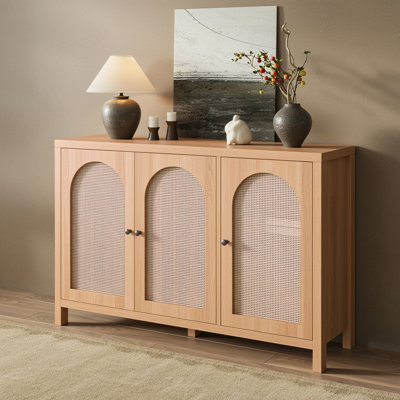 50" L Boho Natural Rattan Sideboard Buffet Cabinet With Large Storage, Home Kitchen Oak Wood Veneer 3-Door Credenza Coffee Bar Cabinets With Adjustable Shelves