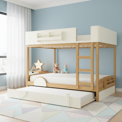 Solid Wood Queen Over Queen Bunk Bed with Trundle and Built-in Bookshelf for Bedroom