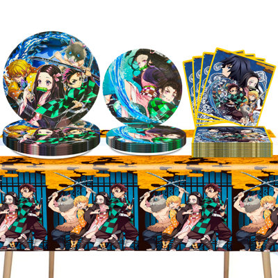 46PCS Demon Slayer Party Supplies,Serves 10 Demon Slayeren  Party Tableware Set-Demon Slayer Paper Plates  Napkins and Tablecloth for Birthday Party