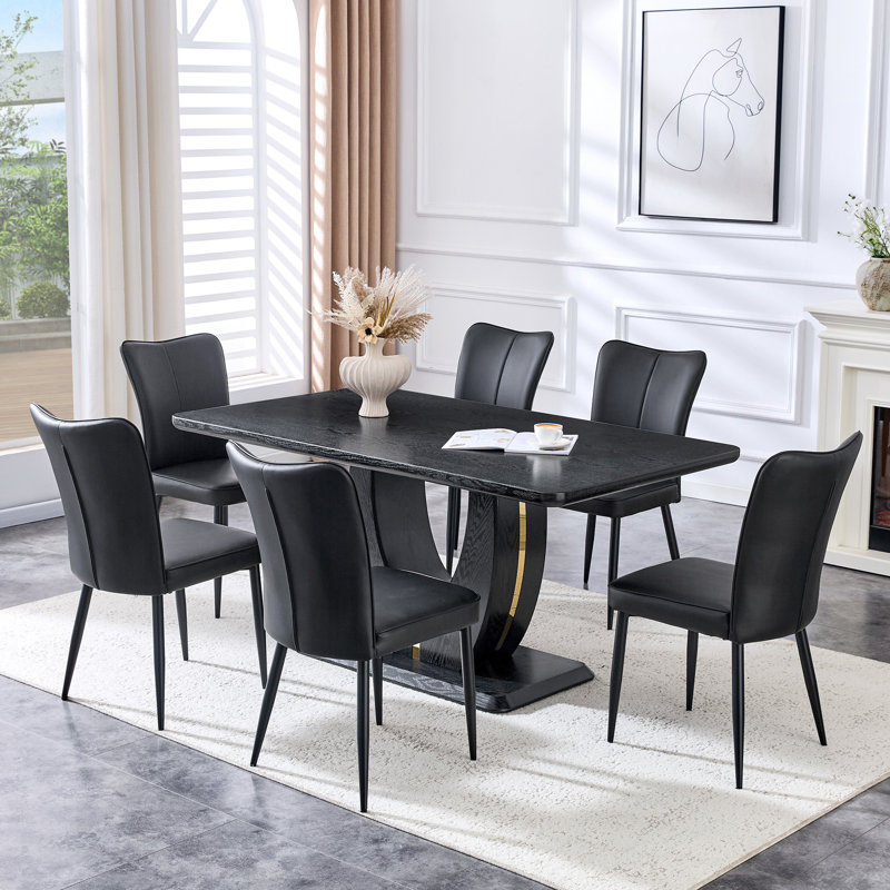 Ensemble de table de salle à manger 63 po noir moderne avec chaises rembourrées, table en panneau de fibres à densité moyenne pour la salle à manger ou la cuisine
