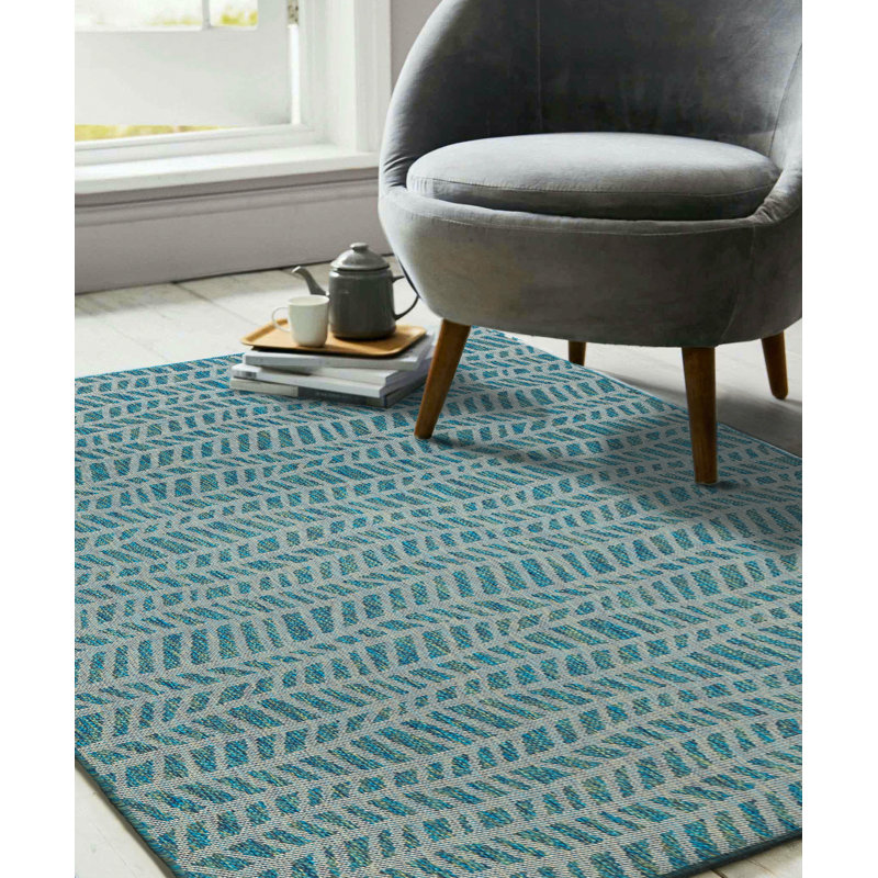 Tapis bleu sarcelle / ivoire Depue, Rectangle 6 pi 6 po x 9 pi