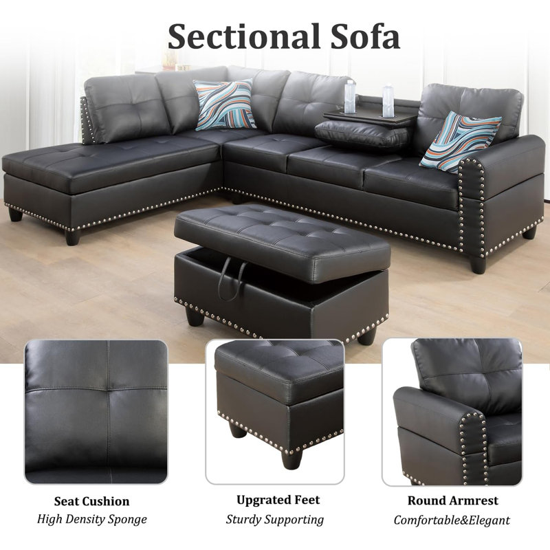 Plyler 97.2" Wide Modular Sectional with Ottoman, Black Faux Leather, Left Hand Facing
