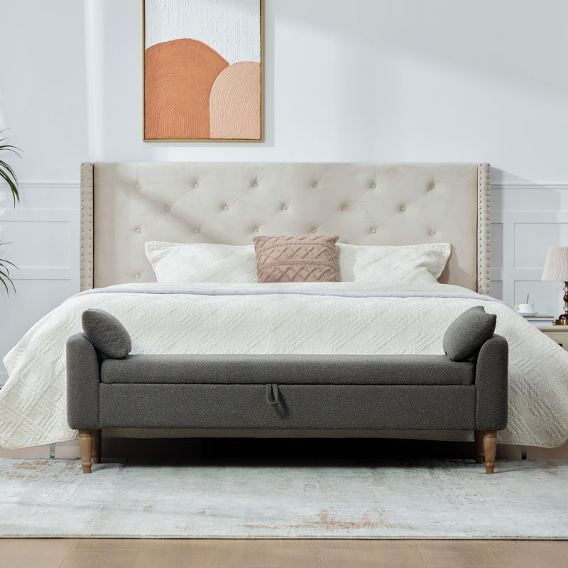 Banc de rangement rembourré de 66 po avec coussins, Grey