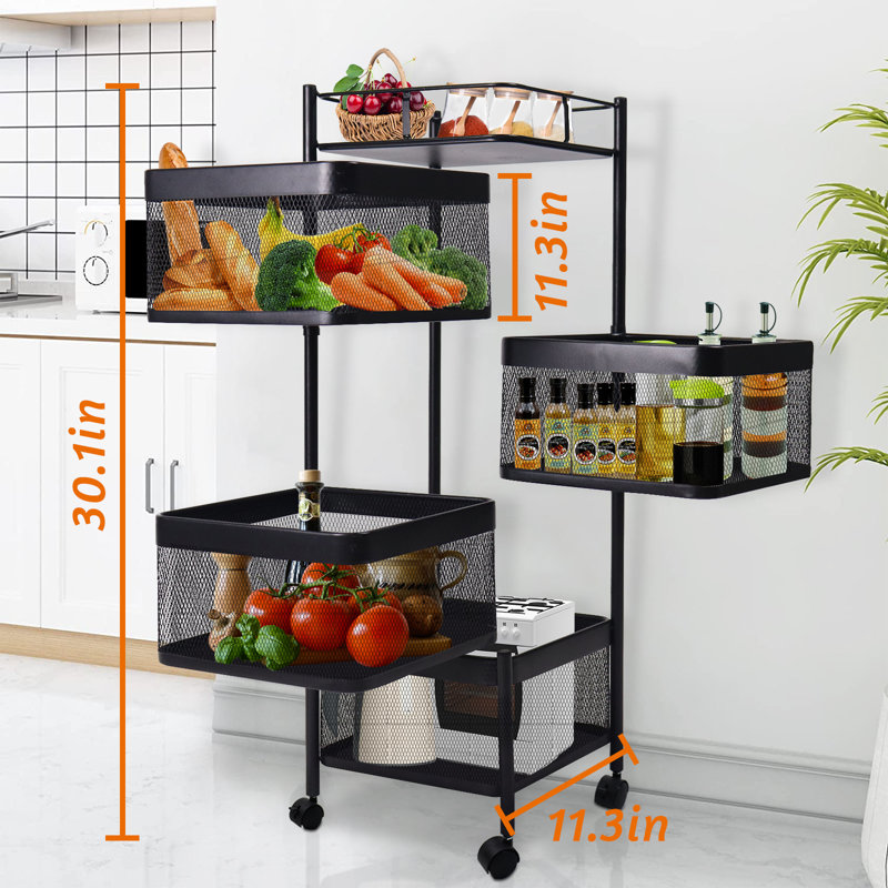 Black Metal 4-Tier Rotating Kitchen Storage Cart with Swing Out Shelves