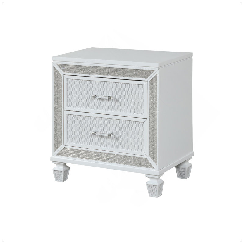Table de chevet à 2 tiroirs en cristal de style moderne en bois durable avec finition blanche élégante