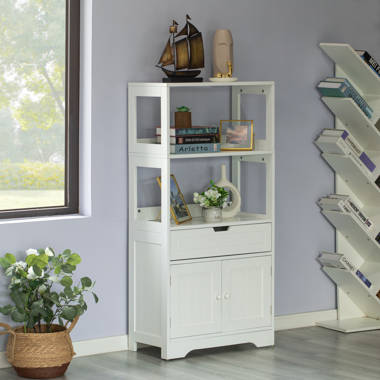17 Stories Haslom Bathroom Floor Cabinet Freestanding Wood Storage Cabinet  with Power Outlet Storage Organizer