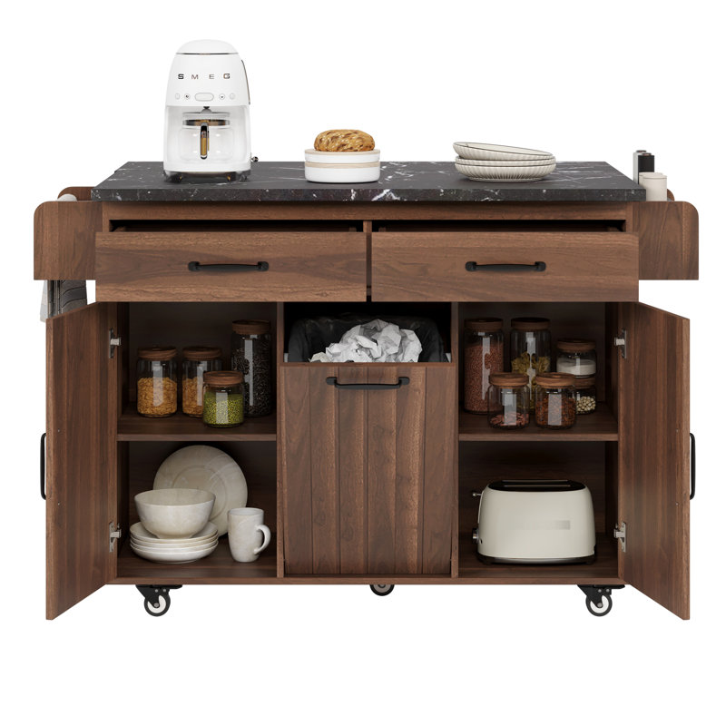 Îlot de cuisine en noyer avec tiroir, poubelle polyvalente, abattant, tablette réglable, support à épices, porte-serviettes - brun